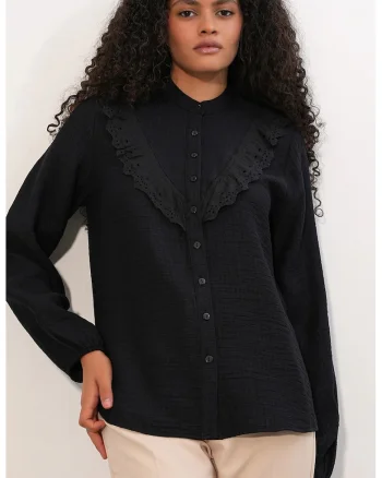 Camasi dama,  camasa lunga, neagra, din viscoza si nailon, cu guler mandarin, maneca lunga, detalii volanase