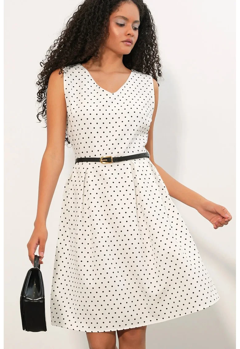 Rochie Midi  A-line cu buline, Alb Prafuit, Poliester, Fara maneci, Decolteu in V, Cu curea