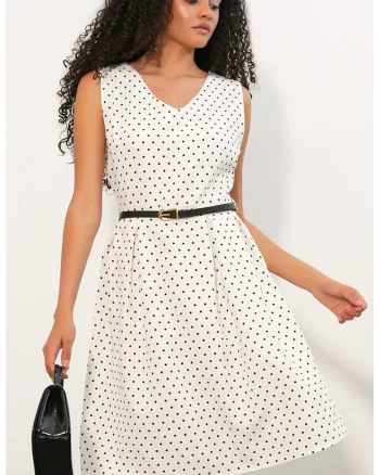 Rochie Midi  A-line cu buline, Alb Prafuit, Poliester, Fara maneci, Decolteu in V, Cu curea