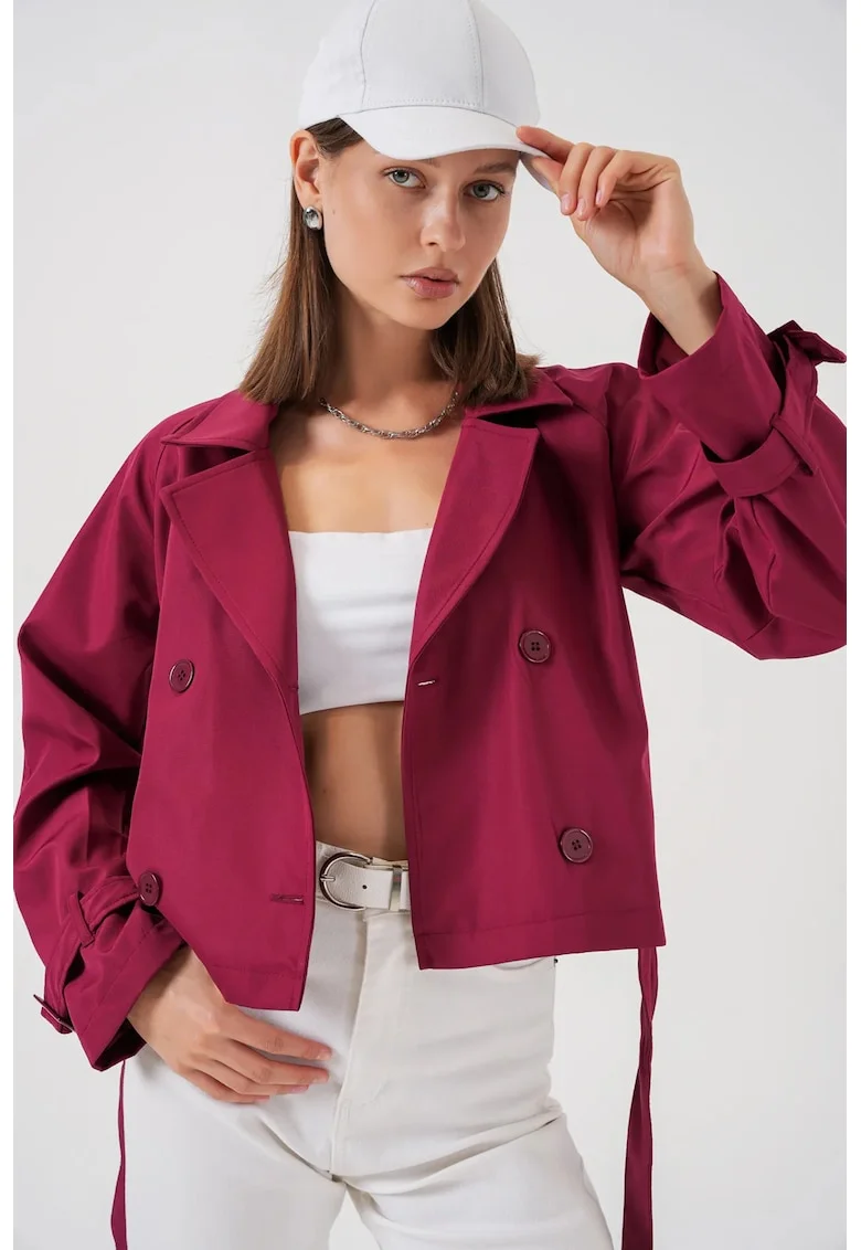 Palton dama,  trenci scurt, cu curea, rosu burgundy, poliester