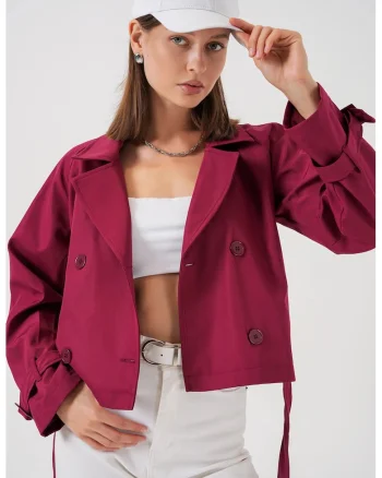 Palton dama,  trenci scurt, cu curea, rosu burgundy, poliester