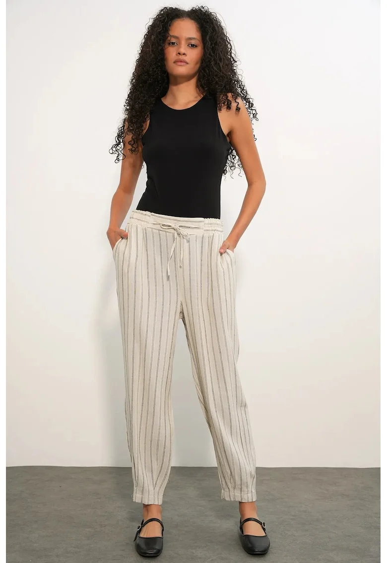 Pantaloni dama,  jogger, dungi, oatmeal natural, din amestec de in