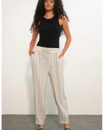 Pantaloni dama,  jogger, dungi, oatmeal natural, din amestec de in