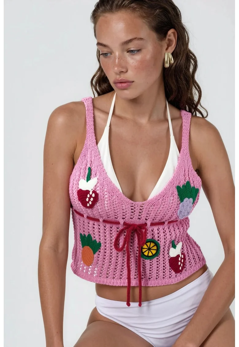 Top tricotat scurt,  decolteu in V, imprimeu floral, roz carnation, 100% bumbac