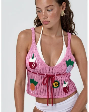Top tricotat scurt,  decolteu in V, imprimeu floral, roz carnation, 100% bumbac
