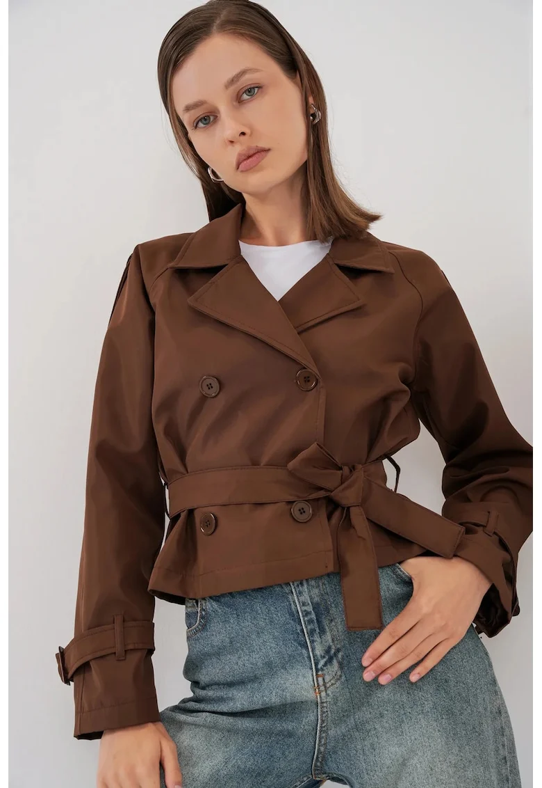 Palton dama,  trenci scurt, casual, cu curea, maro nuc, poliester