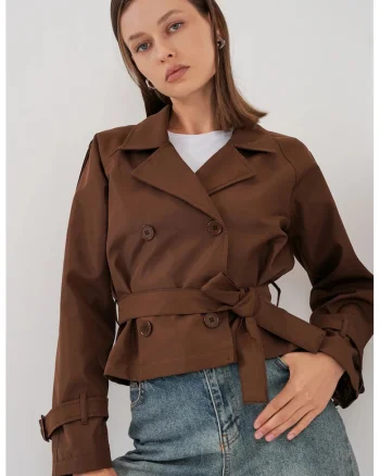 Palton dama,  trenci scurt, casual, cu curea, maro nuc, poliester