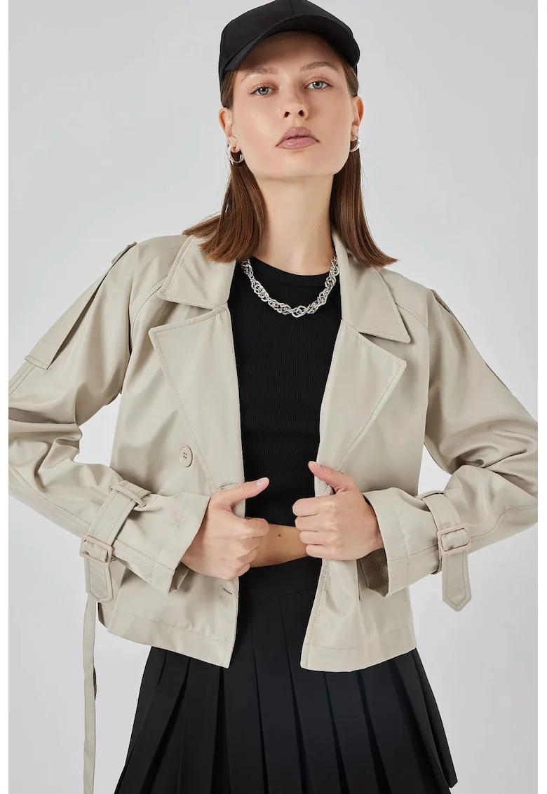Trenci dama,  scurt, casual, cu curea, bej natural, poliester