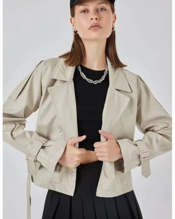 Trenci dama,  scurt, casual, cu curea, bej natural, poliester