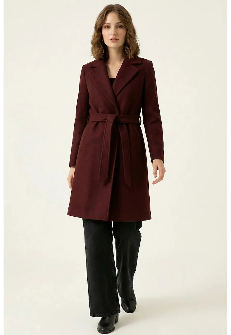 Palton midi  cu cordon, rosu bordeaux, poliester si bumbac