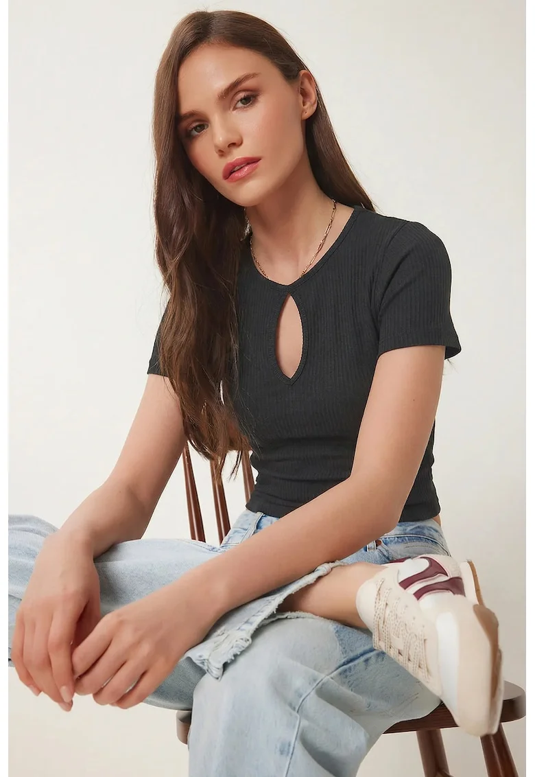 Top scurt Happiness Istanbul, guler rotund, decupaje, gri carbune, bumbac-elastan