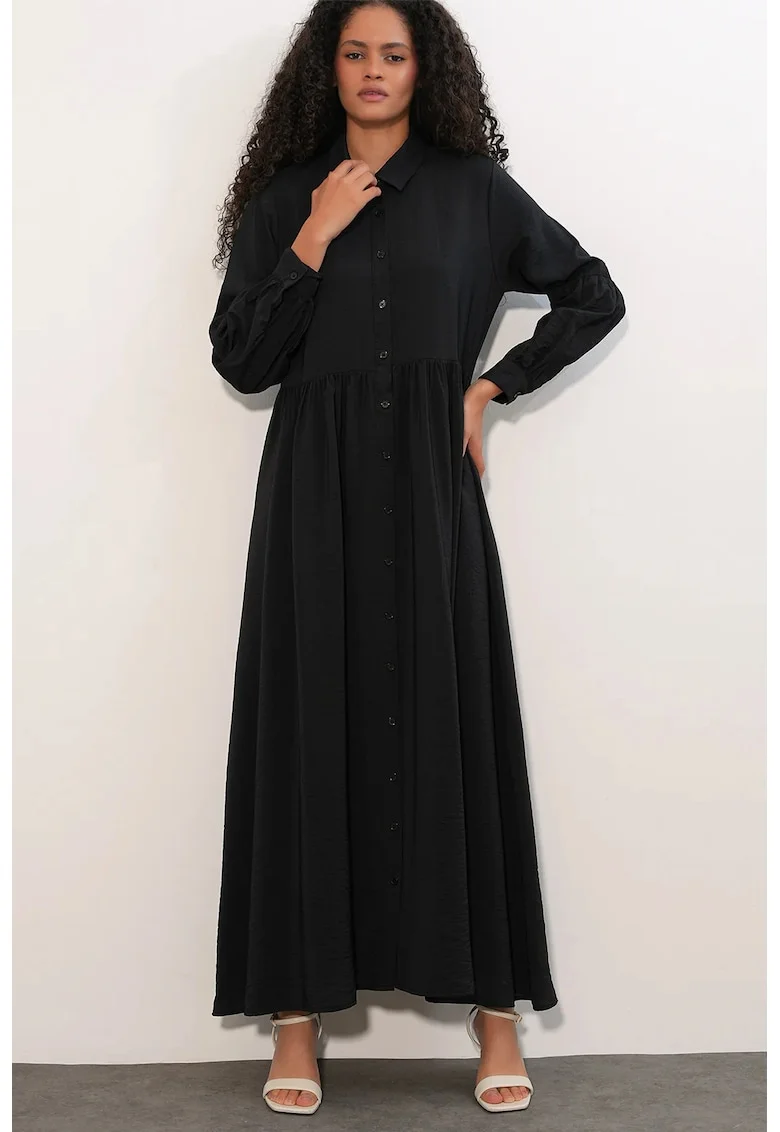 Rochie-camasa,  casual, maneca lunga, negru, viscoza/nylon