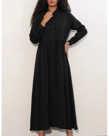 Rochie-camasa,  casual, maneca lunga, negru, viscoza/nylon