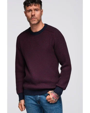 Pulover din tricot contrastant cu decolteu rotund  OM-SWSW-0122, Visiniu