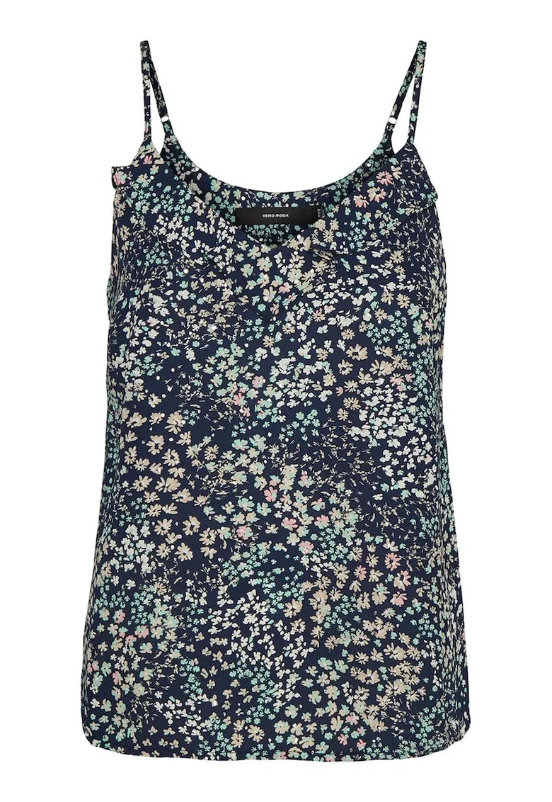 Top cu decolteu in V si imprimeu floral, Bleumarin