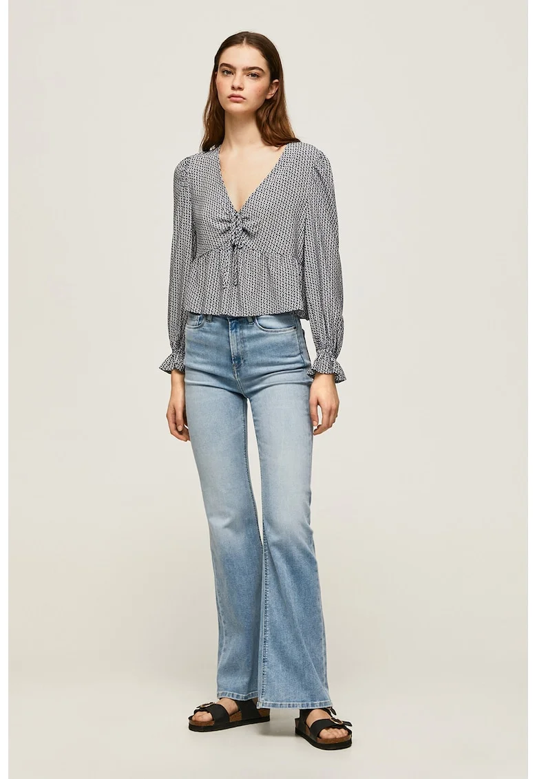 Bluza cu model si decolteu in V, Alb/Bleumarin