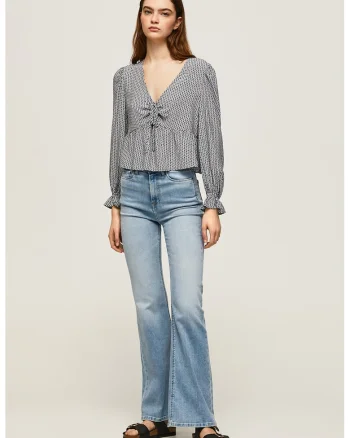 Bluza cu model si decolteu in V, Alb/Bleumarin