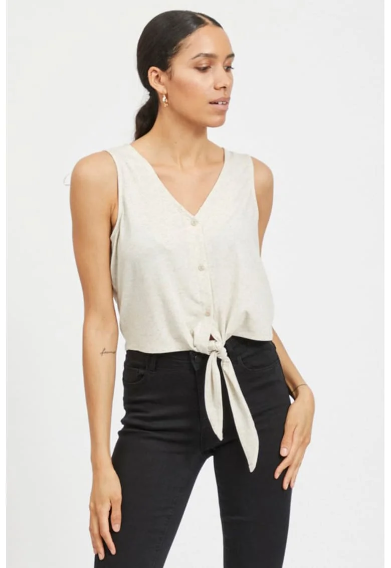 Bluza din amestec de in cu decolteu in V, fara maneci, Alb