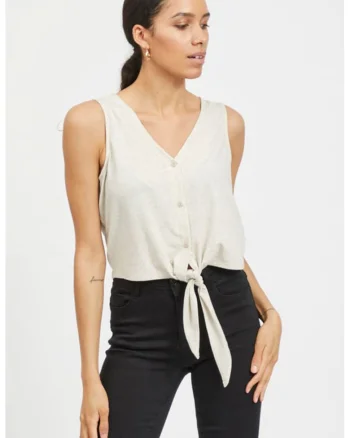 Bluza din amestec de in cu decolteu in V, fara maneci, Alb