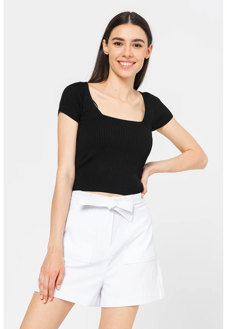 Tricou crop cu decolteu patrat, Negru