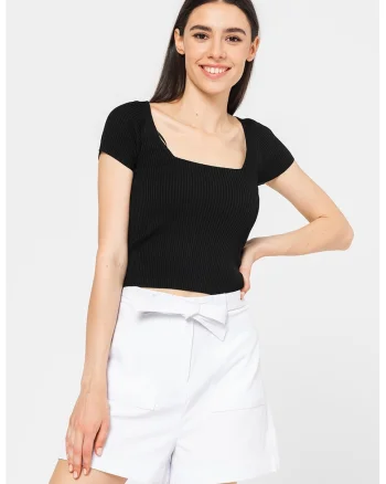 Tricou crop cu decolteu patrat, Negru