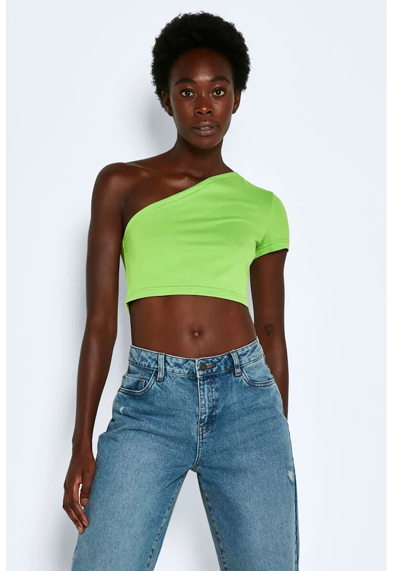Tricou crop cu decolteu pe umar, Verde lime