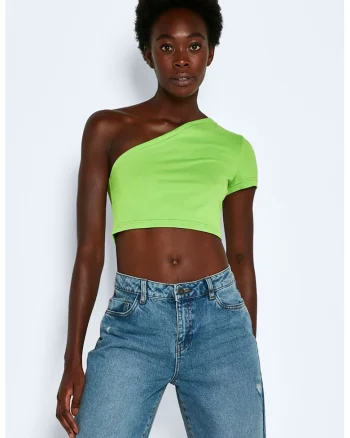 Tricou crop cu decolteu pe umar, Verde lime