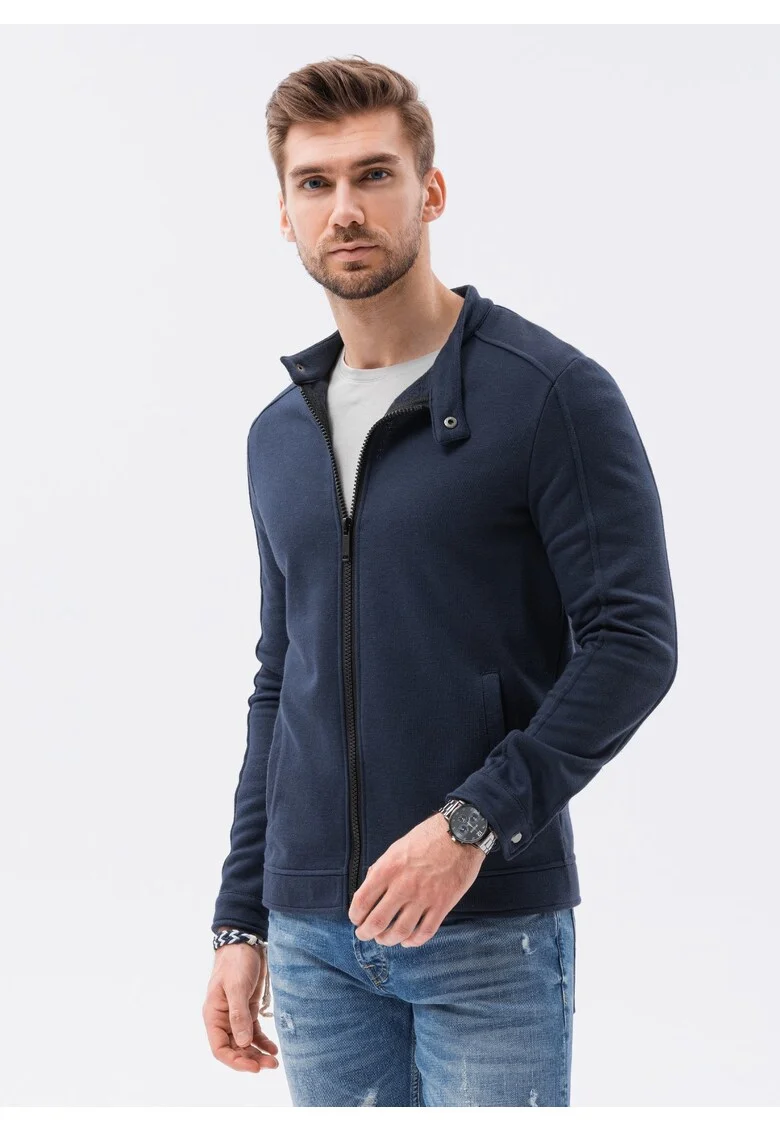 Bluza sport cu fermoar si buzunare oblice, Albastru inchis