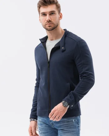 Bluza sport cu fermoar si buzunare oblice, Albastru inchis