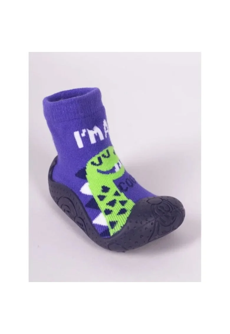 Botosi De Casa  Cu Talpa Antiderapanta, Model Dinozaur, Textil, Baieti, Albastru