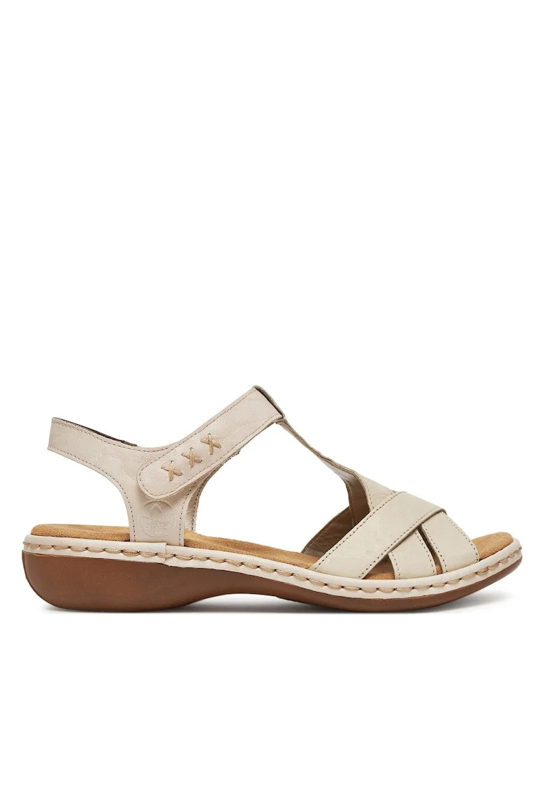 Sandale dama  piele naturala, bej, inchidere velcro, talpa cusuta