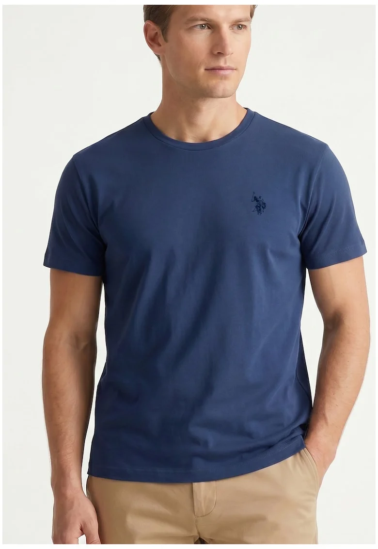 Tricou slim fit cu logo brodat, Albastru inchis