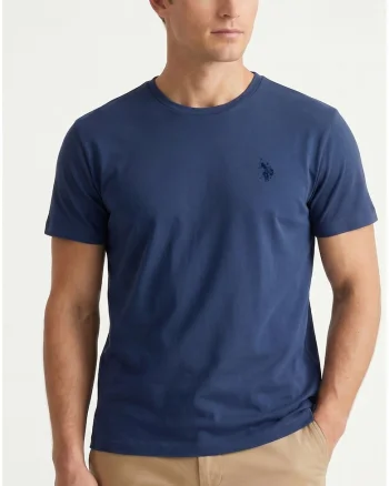 Tricou slim fit cu logo brodat, Albastru inchis