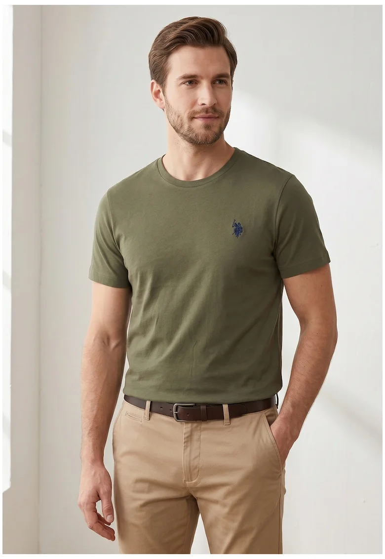Tricou slim fit cu logo brodat, Kaki inchis