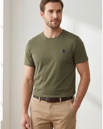 Tricou slim fit cu logo brodat, Kaki inchis