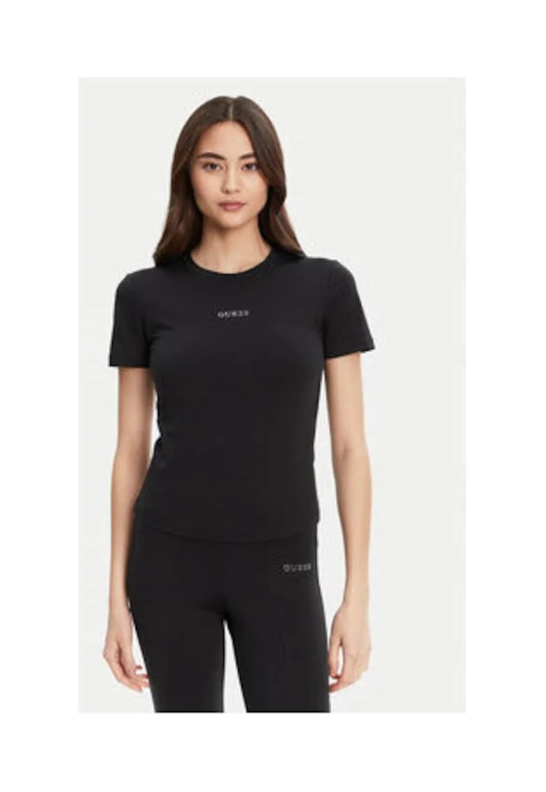 Tricou regular fit cu decolteu la baza gatului, model uni si logo metalic 552055, Negru