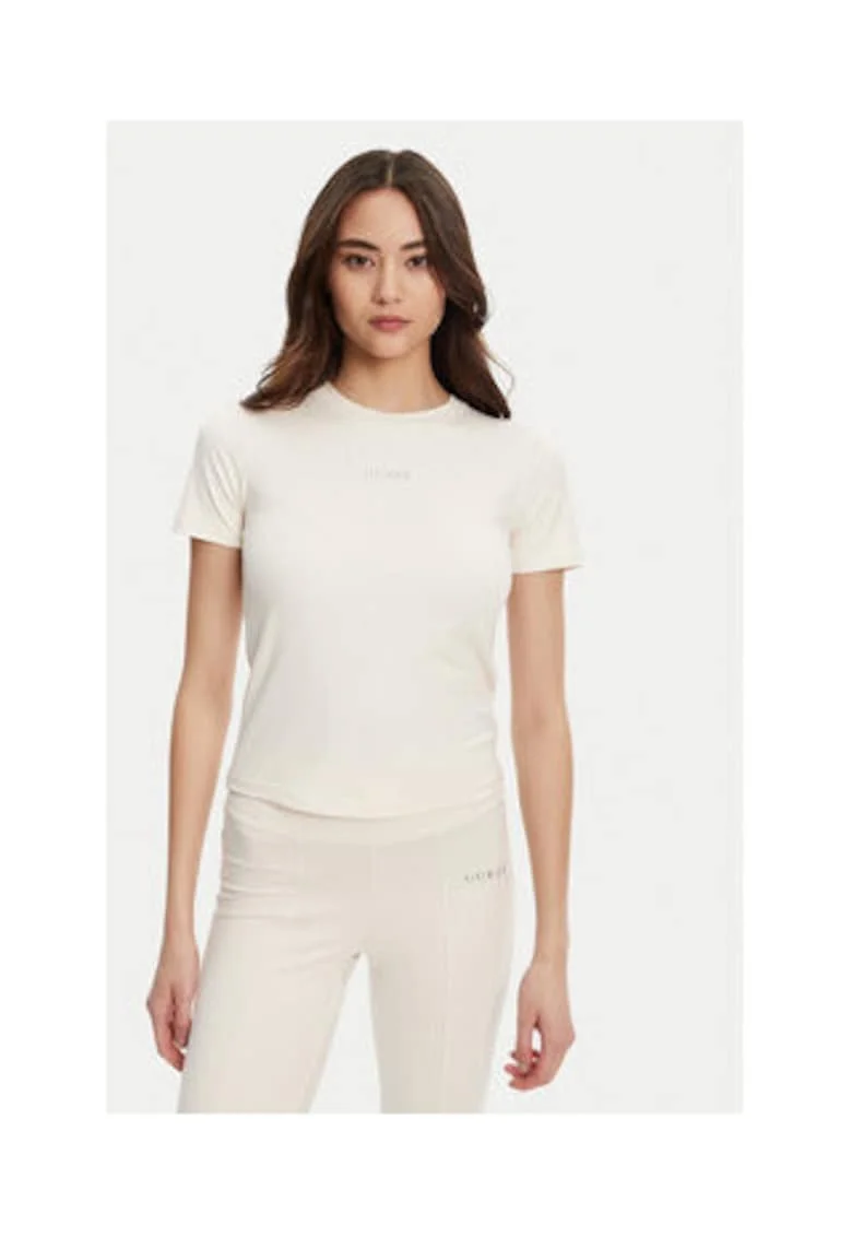 Tricou regular fit cu decolteu la baza gatului, model uni si logo metalic 552055, Ecru