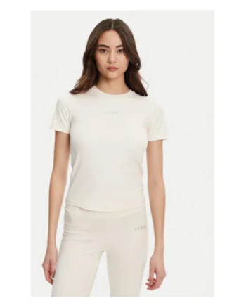 Tricou regular fit cu decolteu la baza gatului, model uni si logo metalic 552055, Ecru