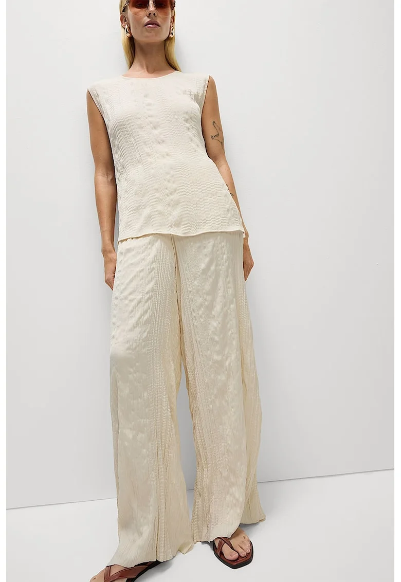 Pantaloni texturati cu croiala ampla, Crem