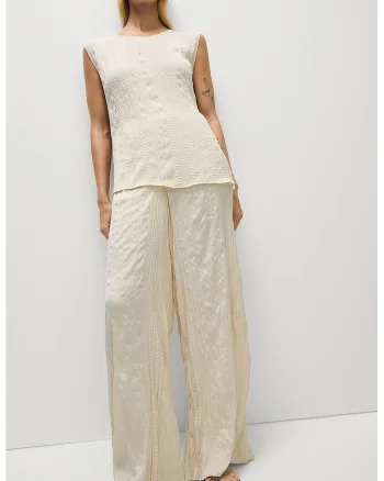 Pantaloni texturati cu croiala ampla, Crem
