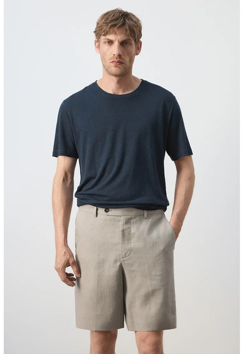 Tricou din amestec de in cu decolteu la baza gatului, Albastru oceanic