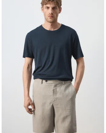 Tricou din amestec de in cu decolteu la baza gatului, Albastru oceanic