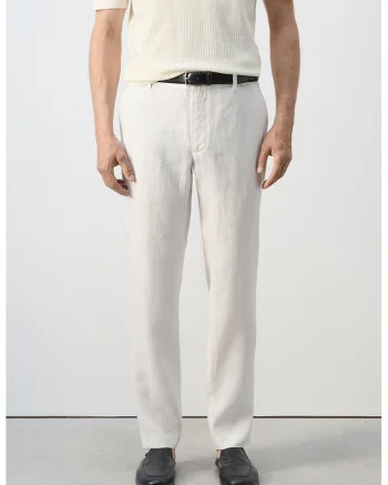 Pantaloni slim fit de in, Alb murdar