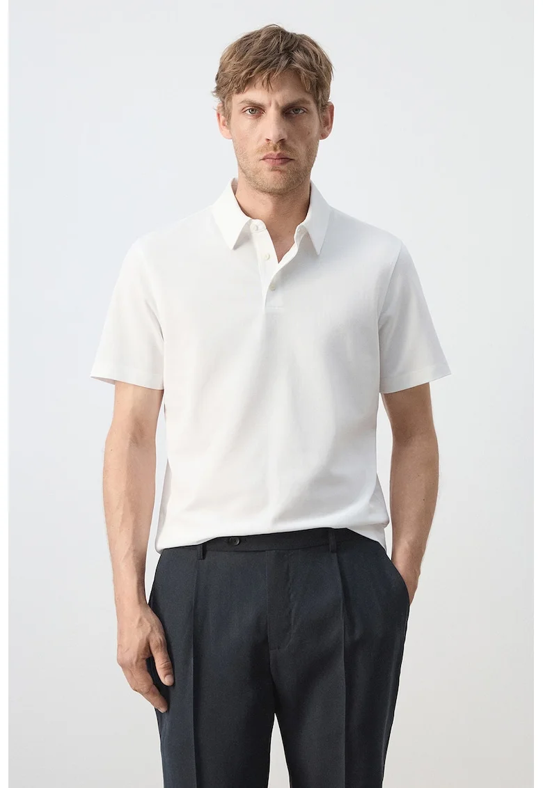 Tricou polo de pique cu croiala slim-fit, Alb