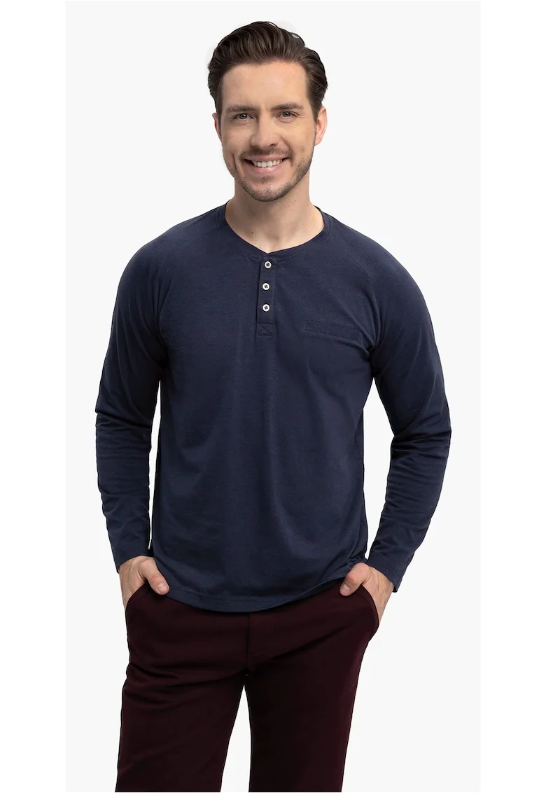 Tricou cu maneca lunga barbati  L-Charl, cu decolteu cu nasturi, regular fit, bleumarin, Bleumarin melange/Bleumarin