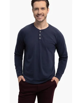 Tricou cu maneca lunga barbati  L-Charl, cu decolteu cu nasturi, regular fit, bleumarin, Bleumarin melange/Bleumarin