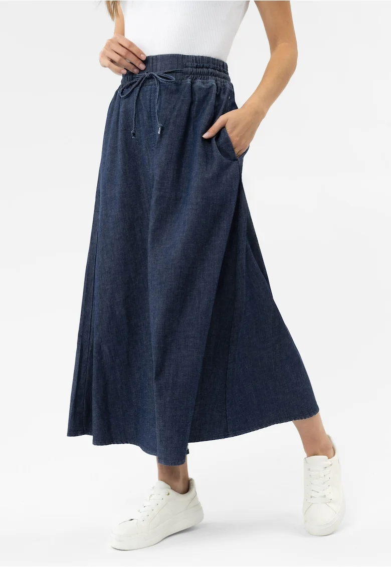 Fustă lungă denim,  evazată, talie elastică, albastru marin, Bleumarin