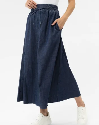 Fustă lungă denim,  evazată, talie elastică, albastru marin, Bleumarin