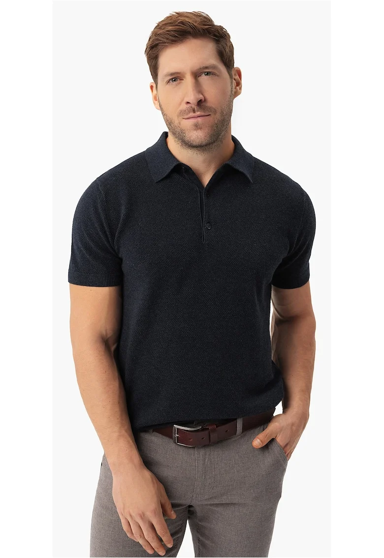 Tricou polo barbati din bumbac, tricotat,  O-Lizar, albastru marin melange, Bleumarin