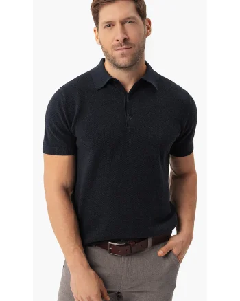 Tricou polo barbati din bumbac, tricotat,  O-Lizar, albastru marin melange, Bleumarin